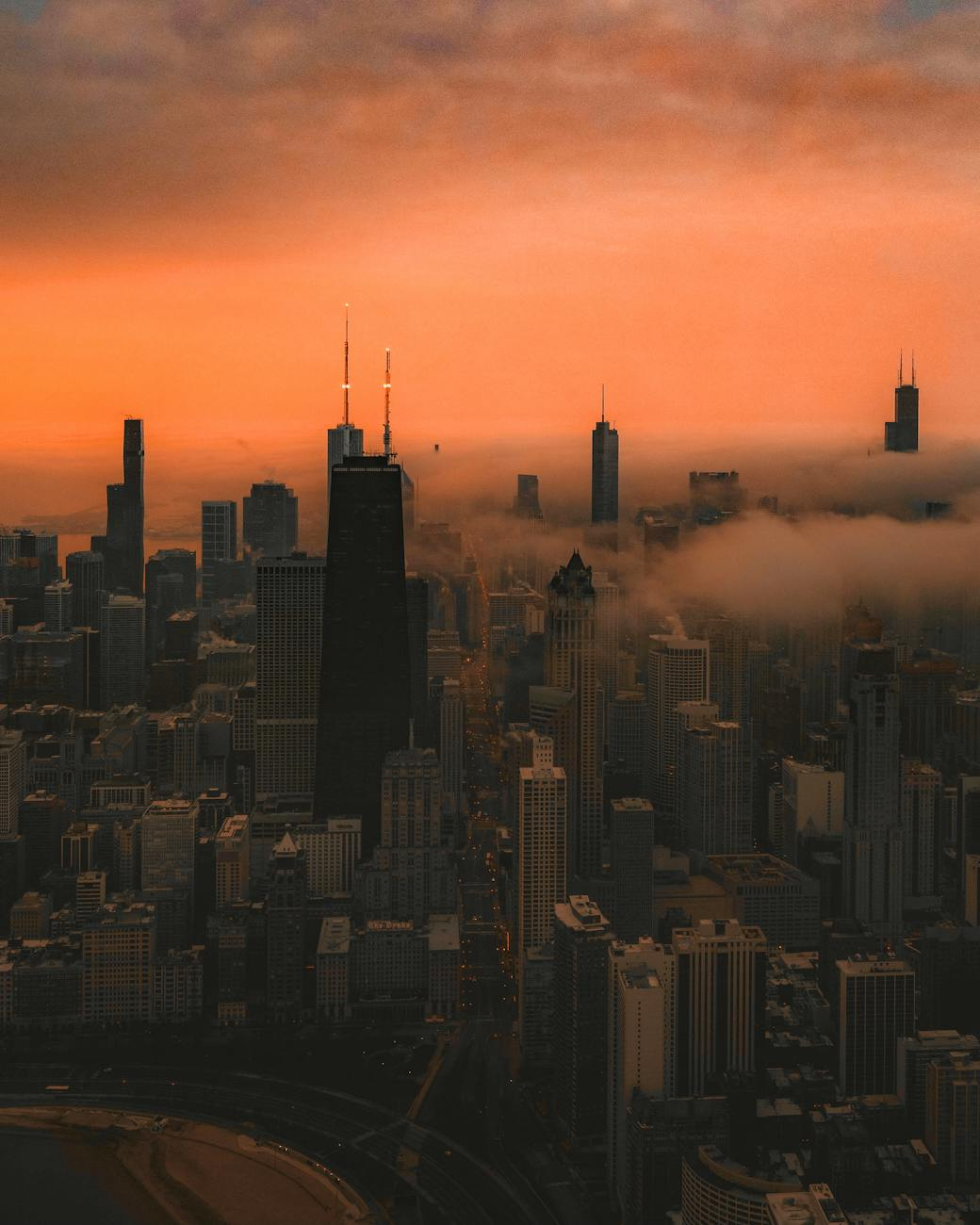 aerial view of downtown chicago at sunset
